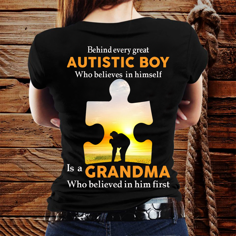 Behind Every Great Autistic Boy Is A Grandma Autism Tshirt