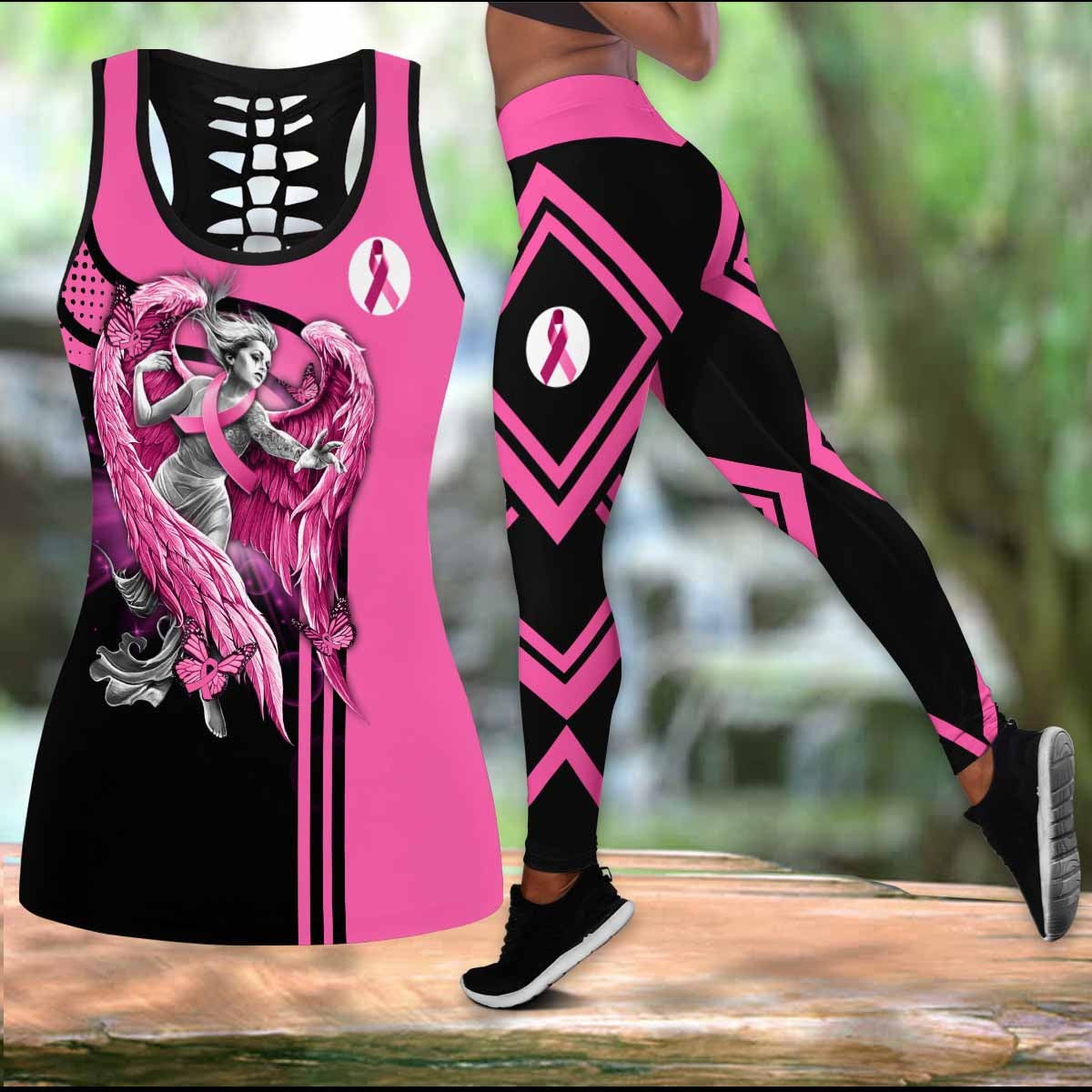 Breast Cancer Angel Support Butterfly Legging Tanktop, Breast Cancer Awareness Legging Tanktop