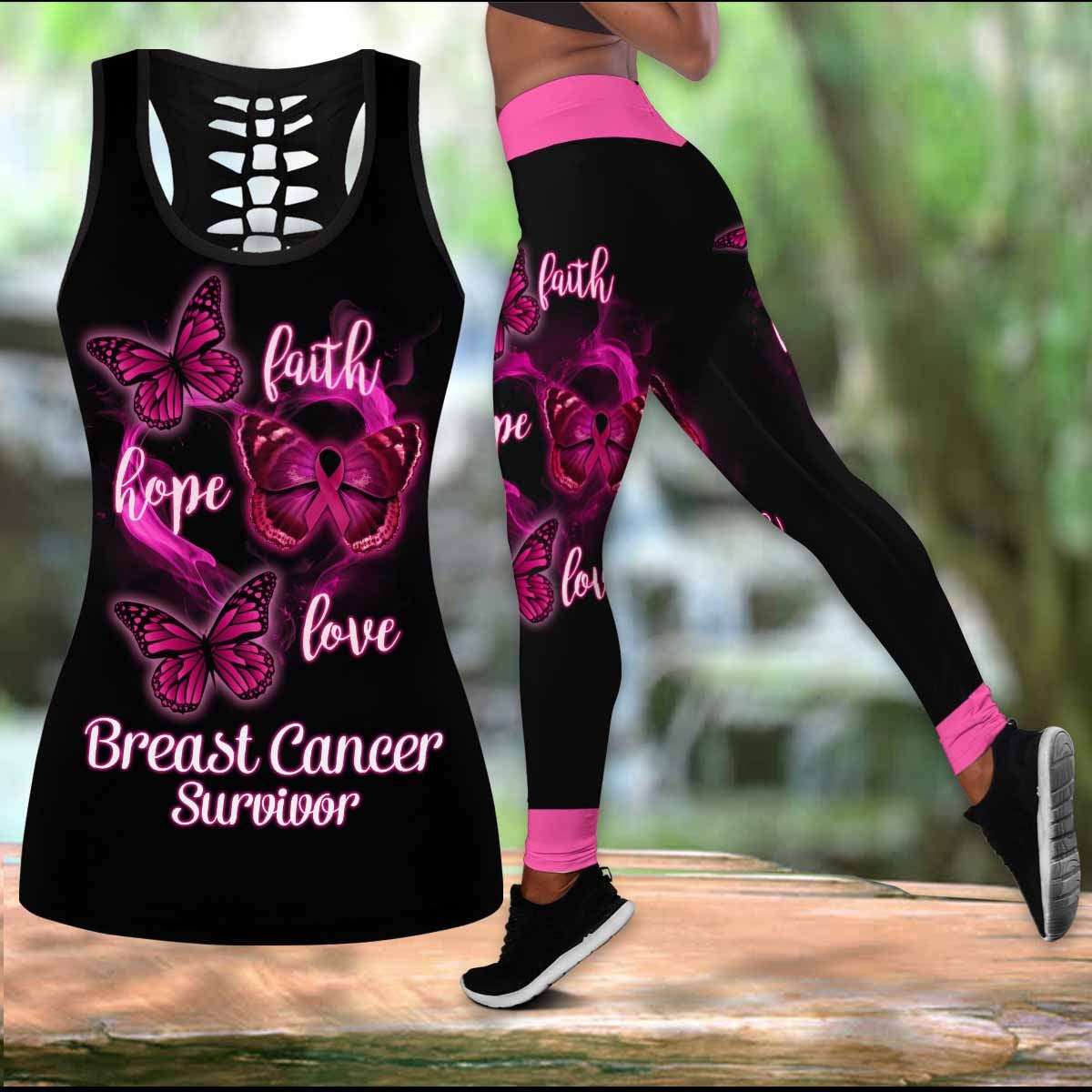 Breast Cancer Butterflies Faith Hope Love Legging Tanktop, Breast Cancer Awareness Legging Tanktop