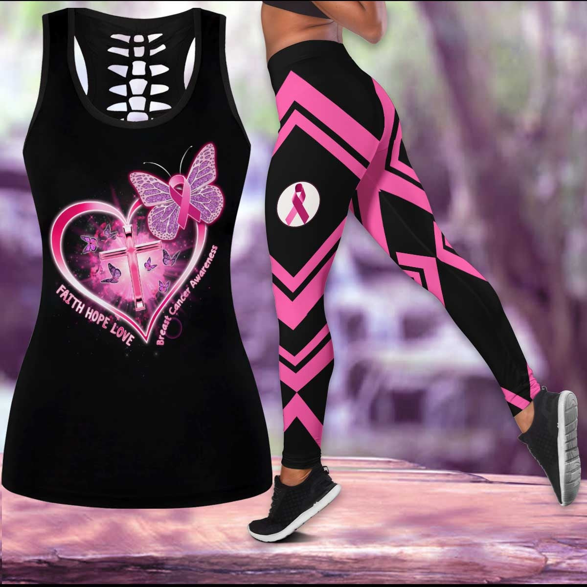 Breast Cancer Faith Hope Love Cross Butterfly Legging Tanktop, Breast Cancer Awareness Legging Tanktop