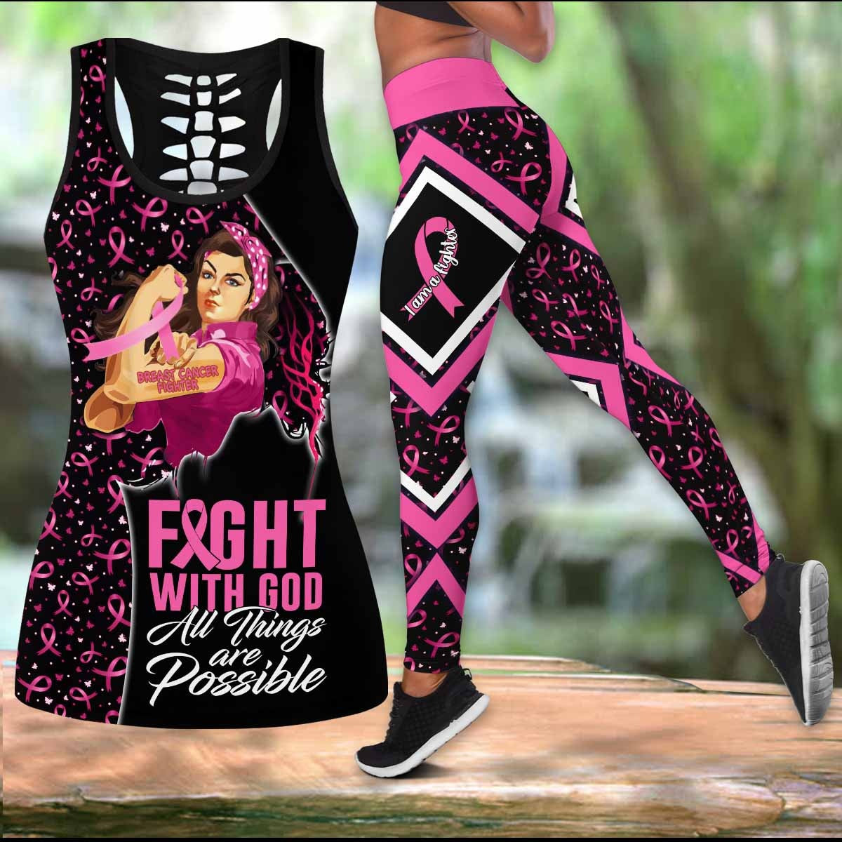 Breast Cancer Fight With God Legging Tanktop, Breast Cancer Awareness Legging Tanktop