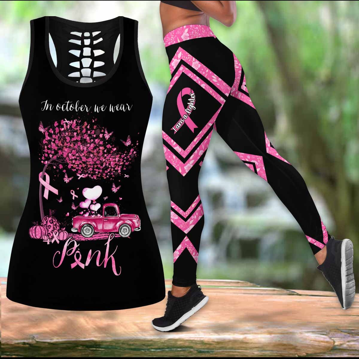 Breast Cancer In October We Wear Pink Autumn Legging Tanktop, Breast Cancer Awareness Legging Tanktop