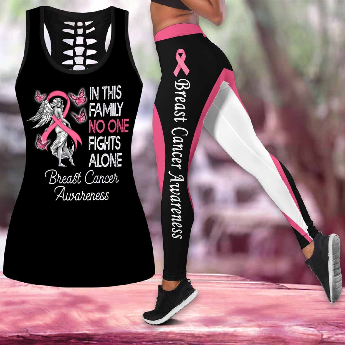Breast Cancer In This Family No One Fights Alone Legging Tanktop, Breast Cancer Awareness Legging Tanktop