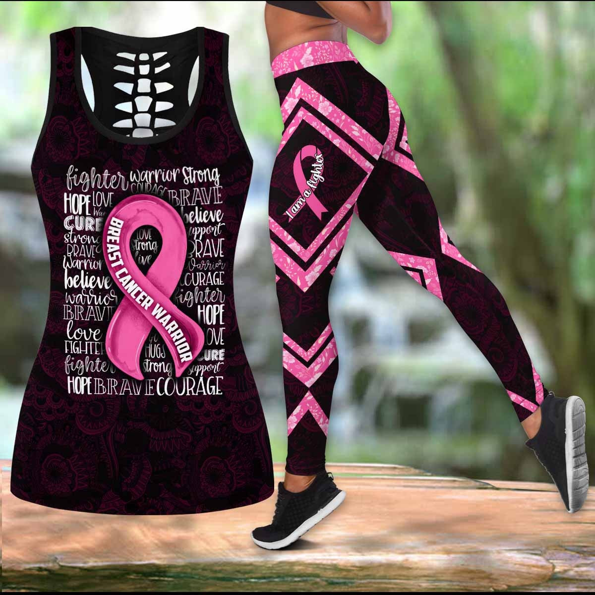 Breast Cancer Warrior Ribbon Quotes Legging Tanktop, Breast Cancer Awareness Legging Tanktop
