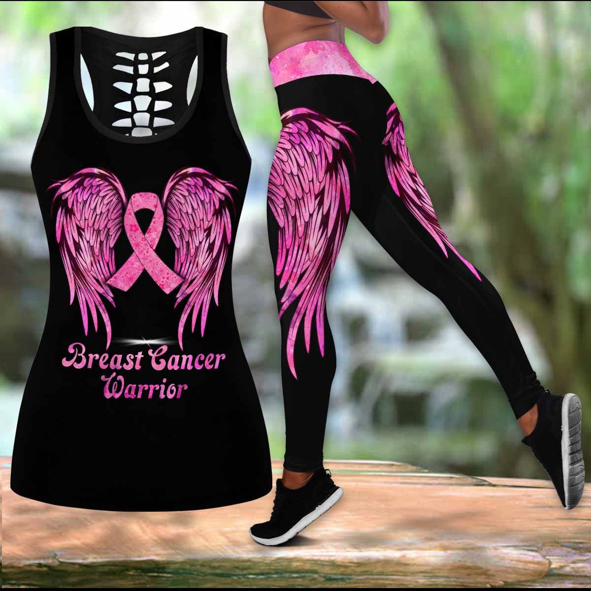 Breast Cancer Warrior Wing Ribbon Legging Tanktop, Breast Cancer Awareness Legging Tanktop