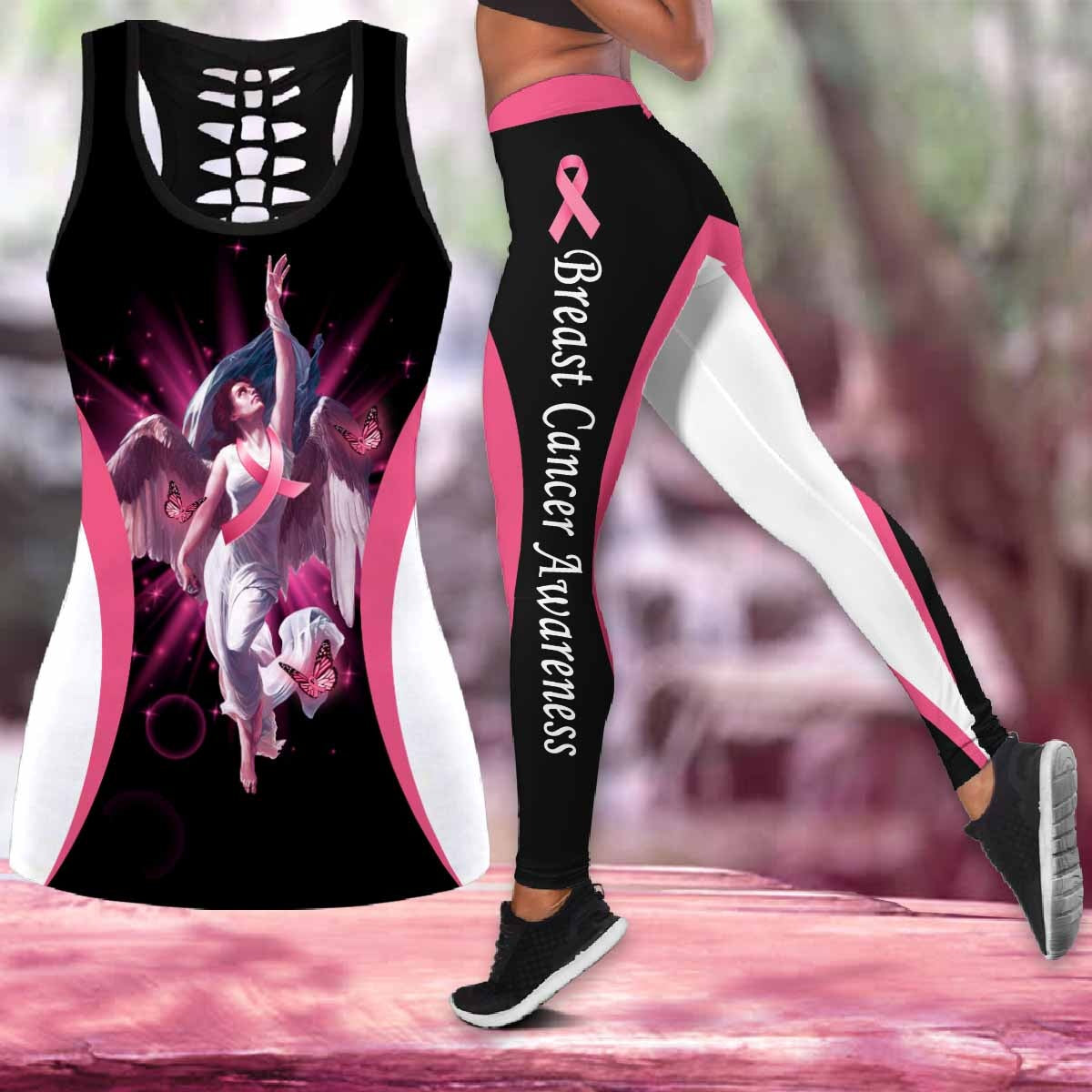 Breast Cancer Butterfly Ribbon Legging Tanktop, Breast Cancer Awareness Legging Tanktop