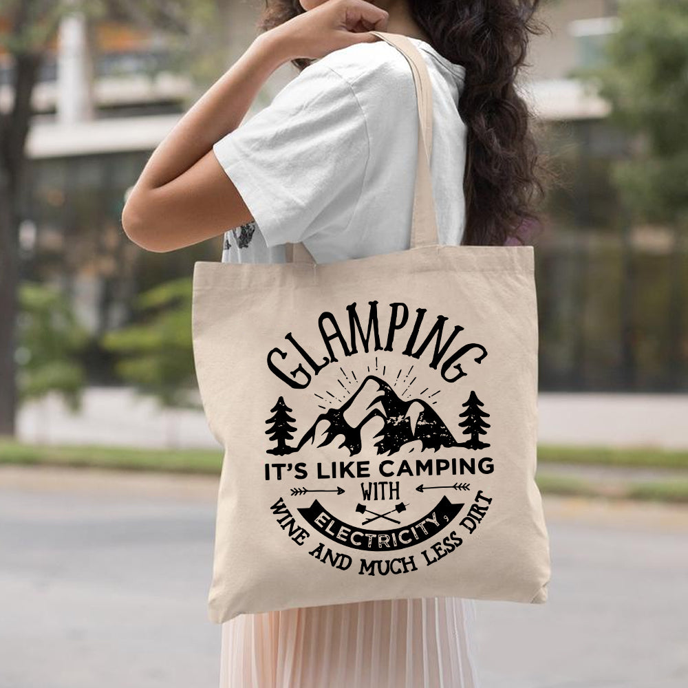 Camping Canvas Tote Bag Natural Color 15″x15″ – Glamping Is Like Camping With Electric City Wine And Much Less Dirt