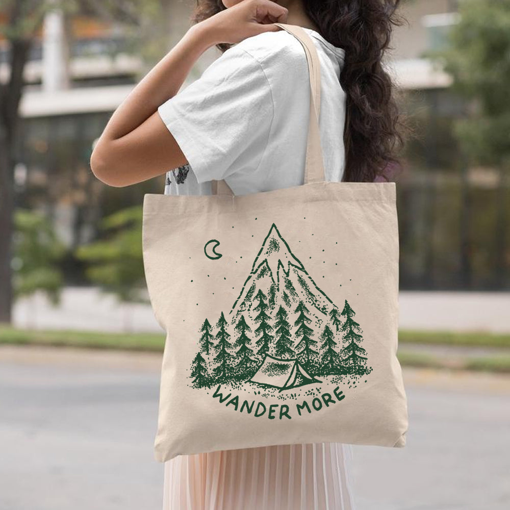 Camping Canvas Tote Bag Natural Color 15″x15″ – Worry Less Wander More, Best Gifts For Campers