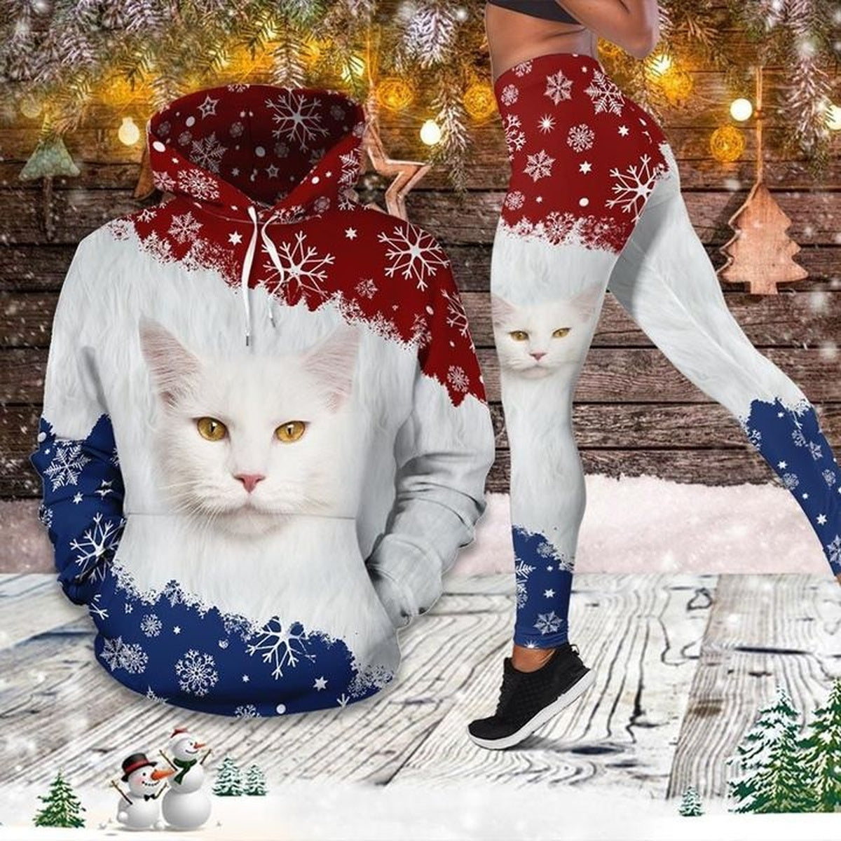 White Cat Blue And Red Legging Hoodie ,  Cat Lovers Legging Hoodie