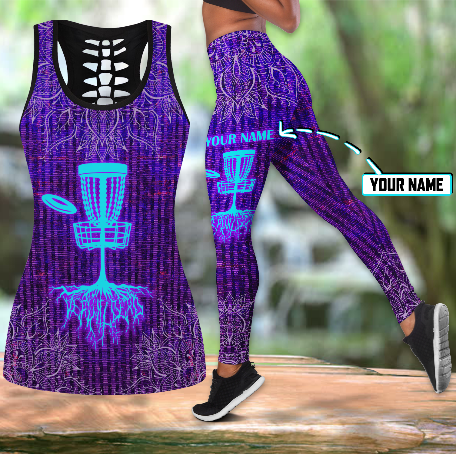 Personalized Disc Golf Mandala Purple Legging Tanktop, Custom Golf Lovers Legging Tanktop