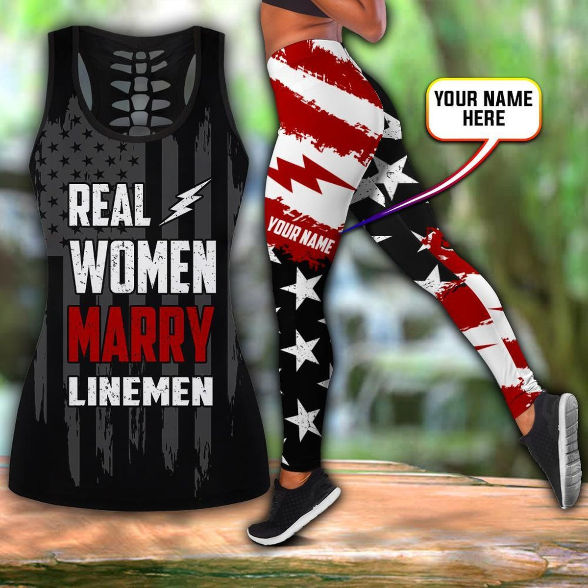Personalized Electrician Real Women Marry Linemen Flag Legging Tanktop, Custom Electrician Legging Tanktop