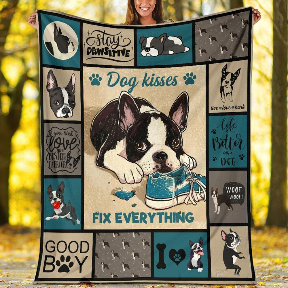 Boston Terrier Fleece Blanket, Sherpa Blanket – Dog Kisses Fix Everything
