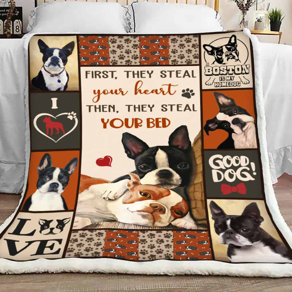 Boston Terrier Fleece Blanket, Sherpa Blanket First They Steal Your Heart Then They Steal Your Bed