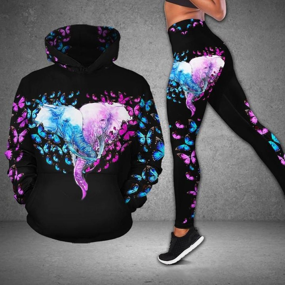 Elephant Butterflies Pink And Blue Couple Legging Hoodie , Elephant Legging Hoodie