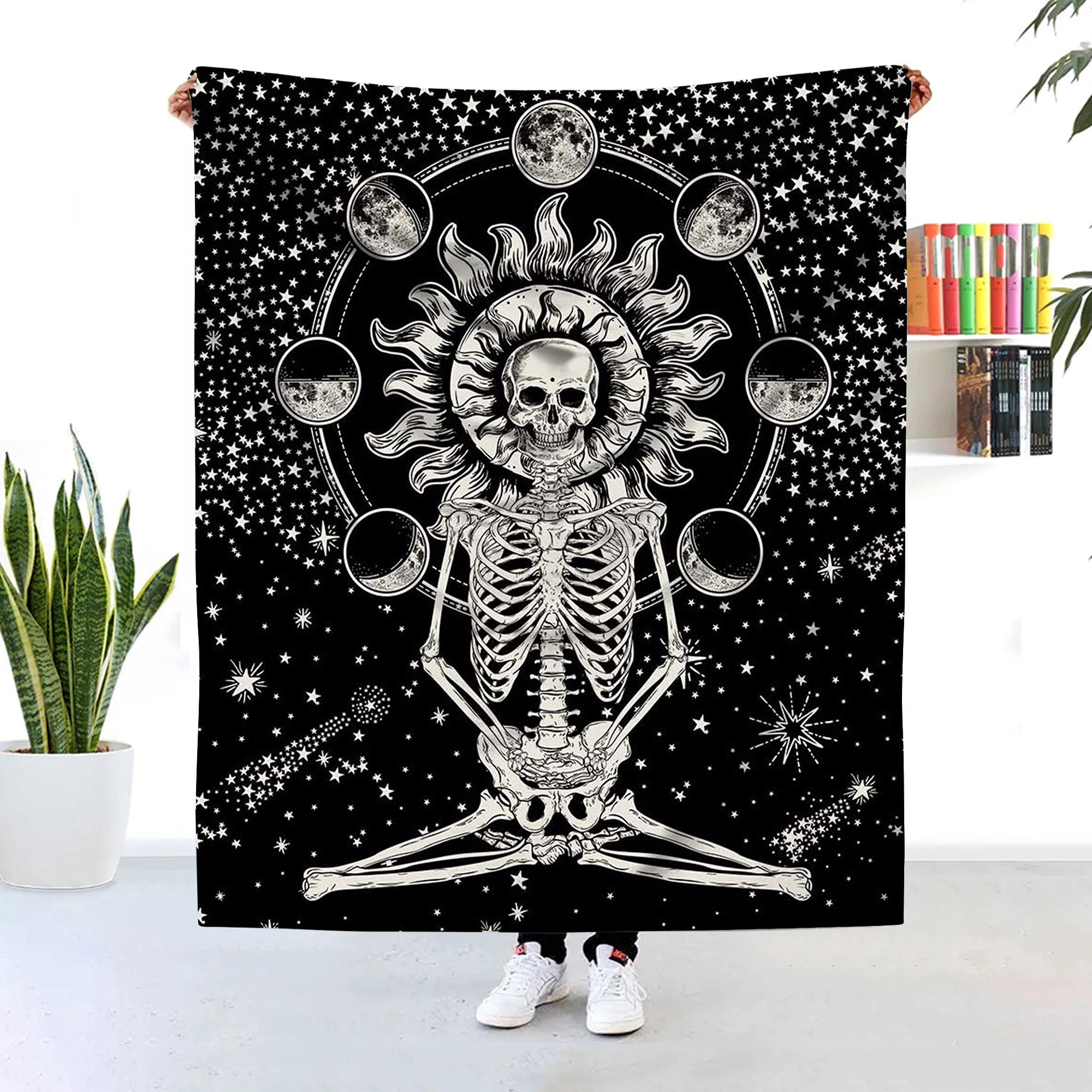 Skull Tapestry Skeleton Black And White Halloween Blanket