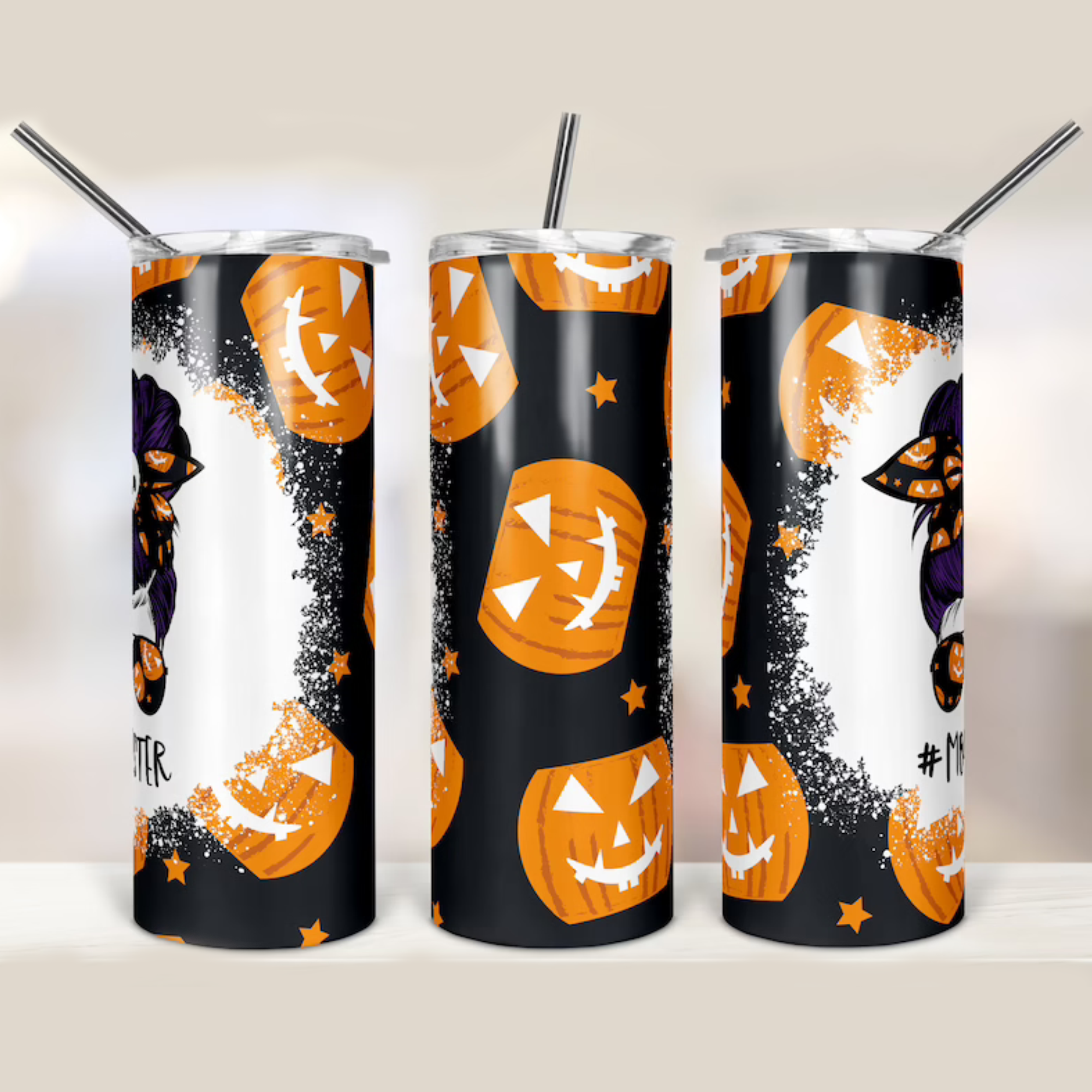 Halloween Pumpkin Momster Mom Bun Hair Skinny Tumbler