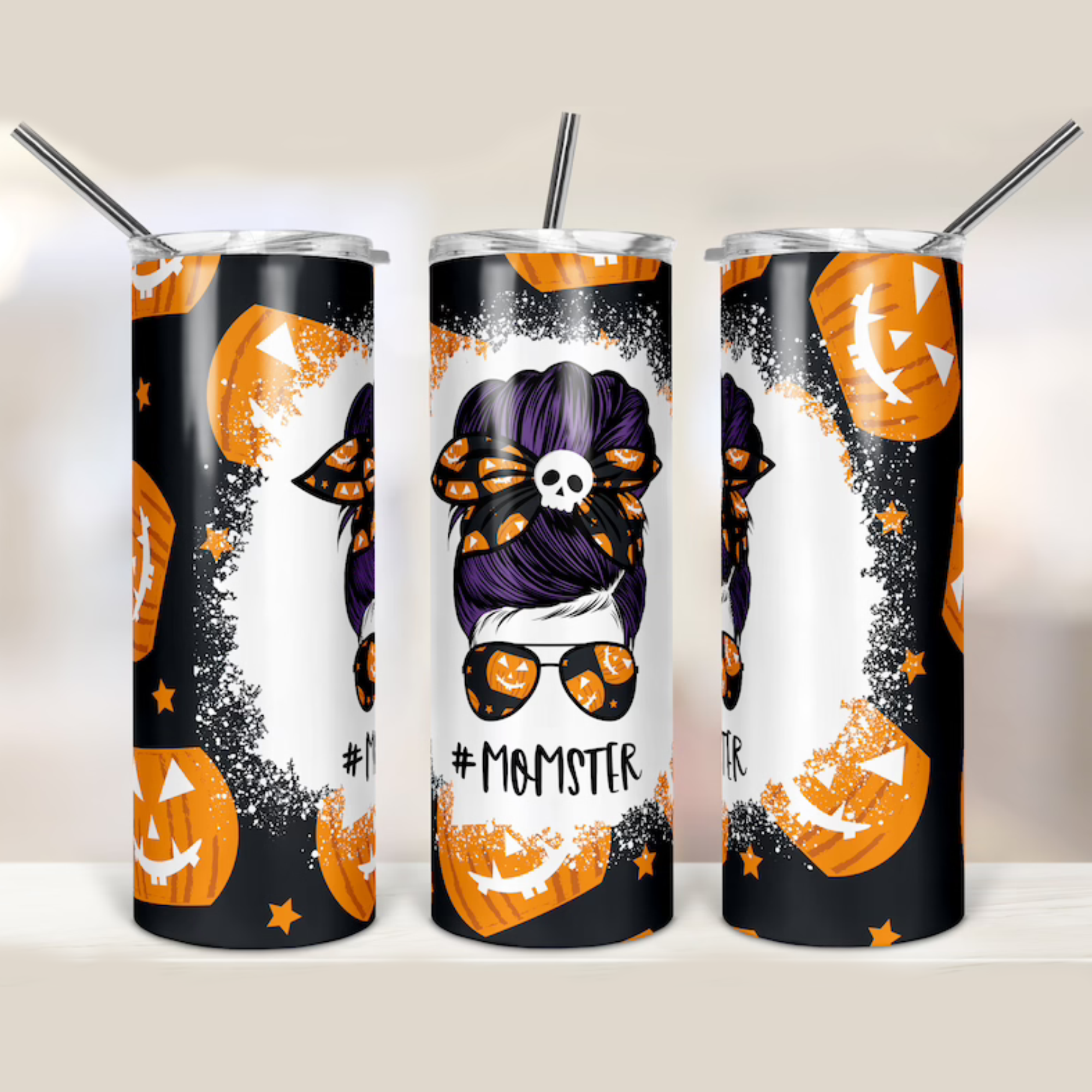 Halloween Pumpkin Momster Mom Bun Hair Skinny Tumbler