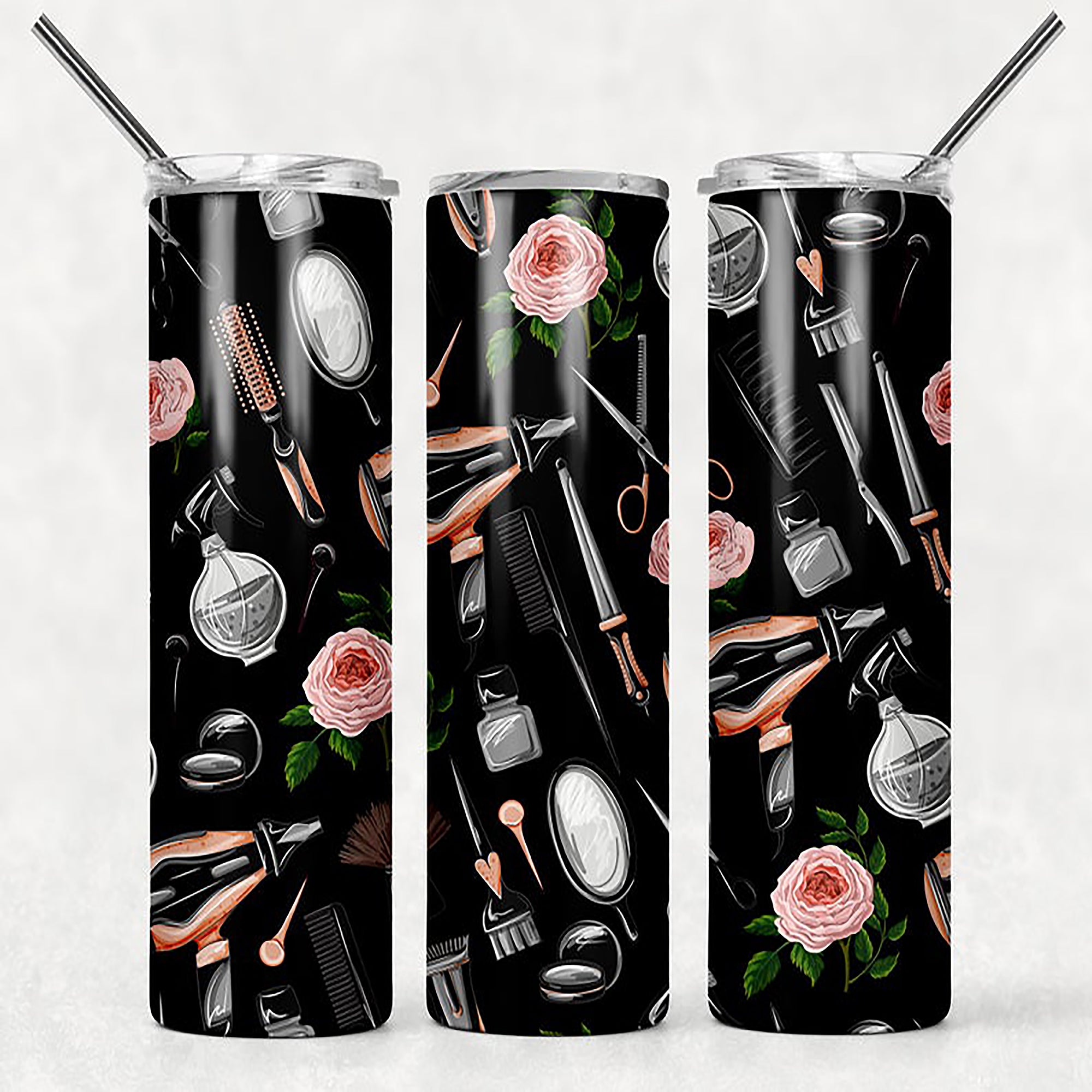 Hair Styling Tools With Roses Skinny Tumbler