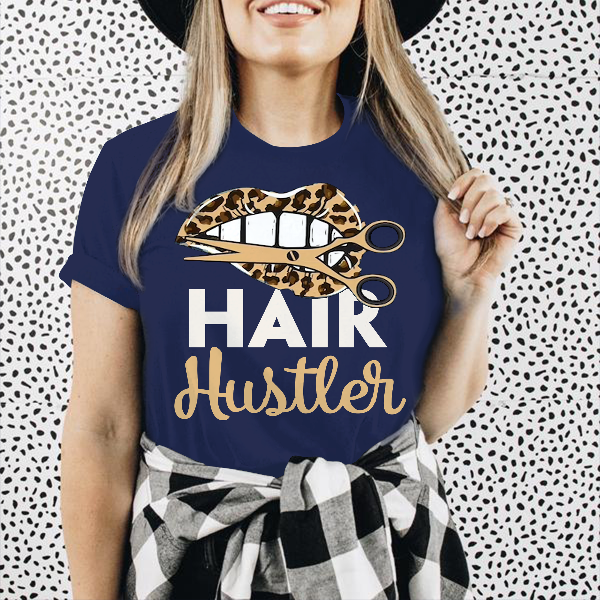 Hairstylist Shirt – Hair Hustler Hairdresser Leopard Lips Cheetah