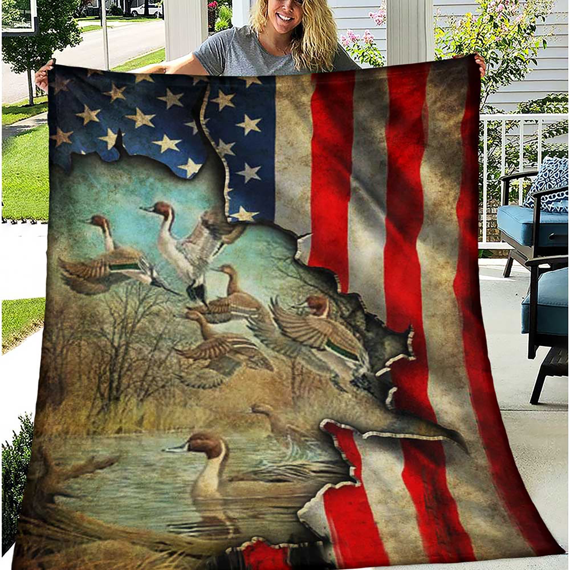 American Flag Duck Hunter Fleece Blanket, Sherpa Blanket