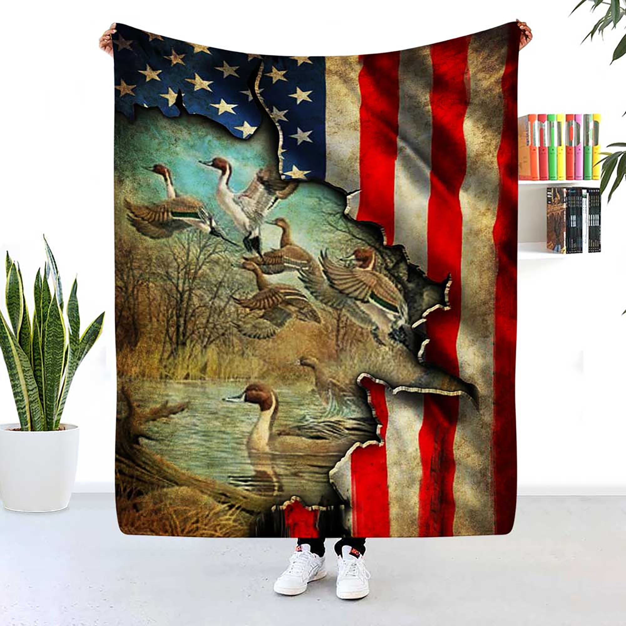 American Flag Duck Hunter Fleece Blanket, Sherpa Blanket