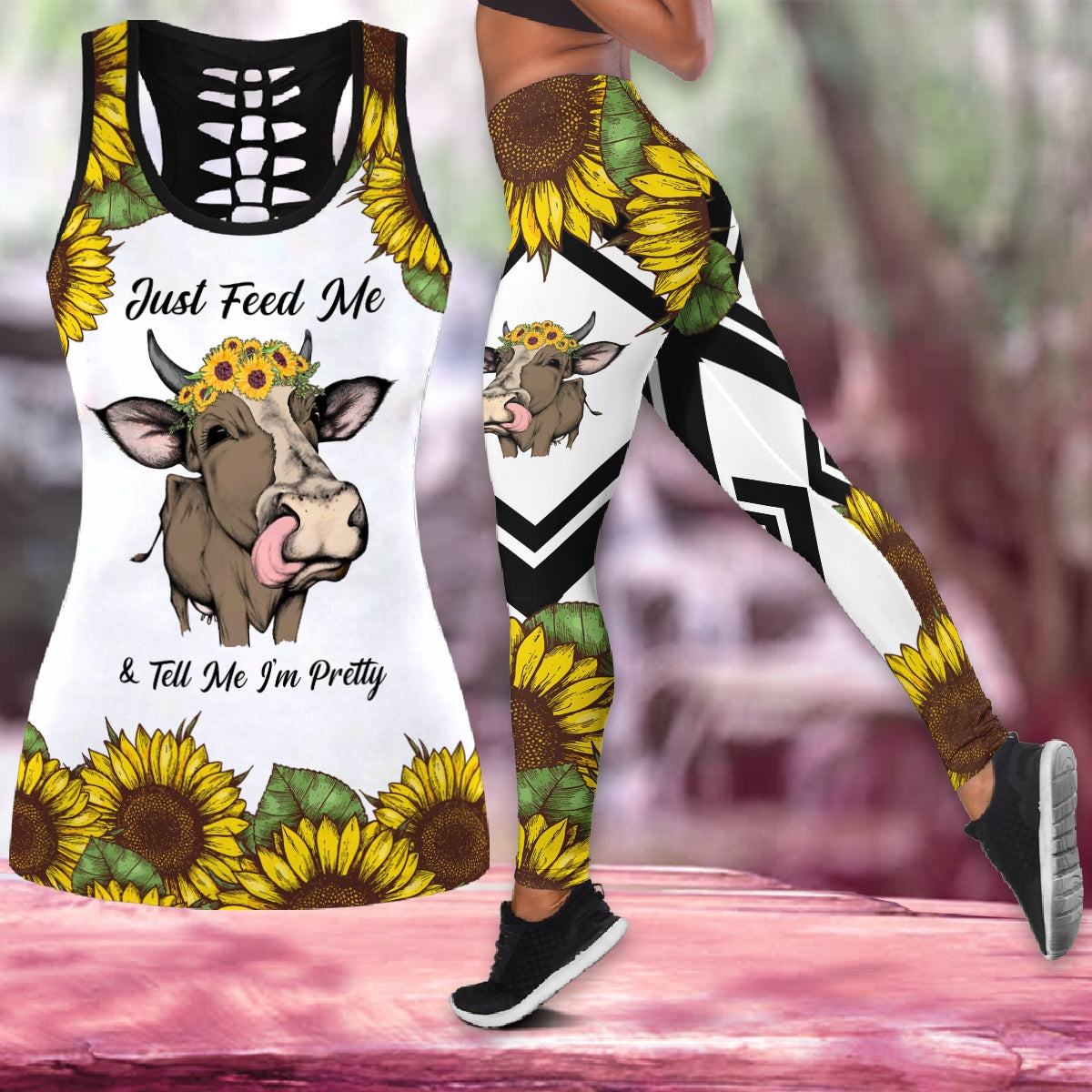 Just Feed Me And Tell Me I’m Pretty Cow Flowers Legging Tanktop, Cow Lover Legging Tanktop
