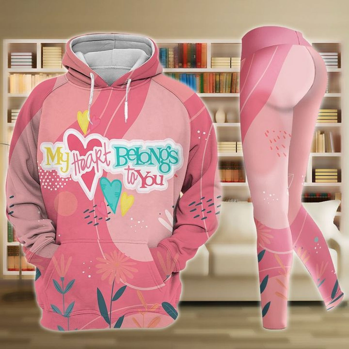 My Heart Belongs To You Valentine Pink Blue Floral Couple Legging Hoodie , Valentine Legging Hoodie