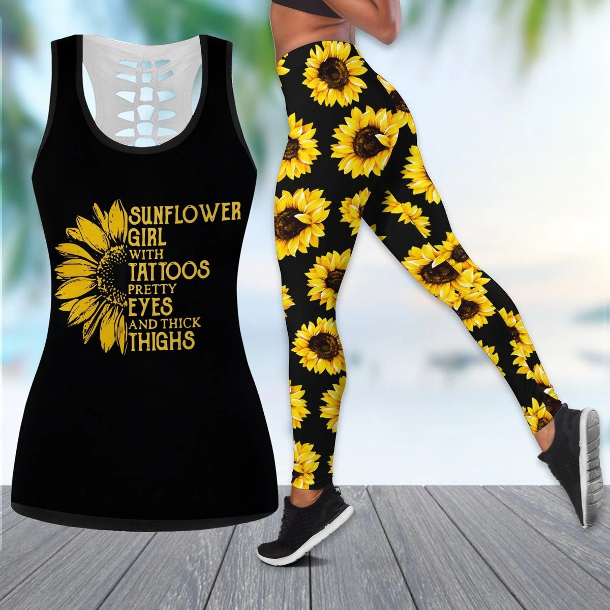 Sunflower Girl With Tattoos Pretty Legging Tanktop, Sunflower Lover Legging Tanktop