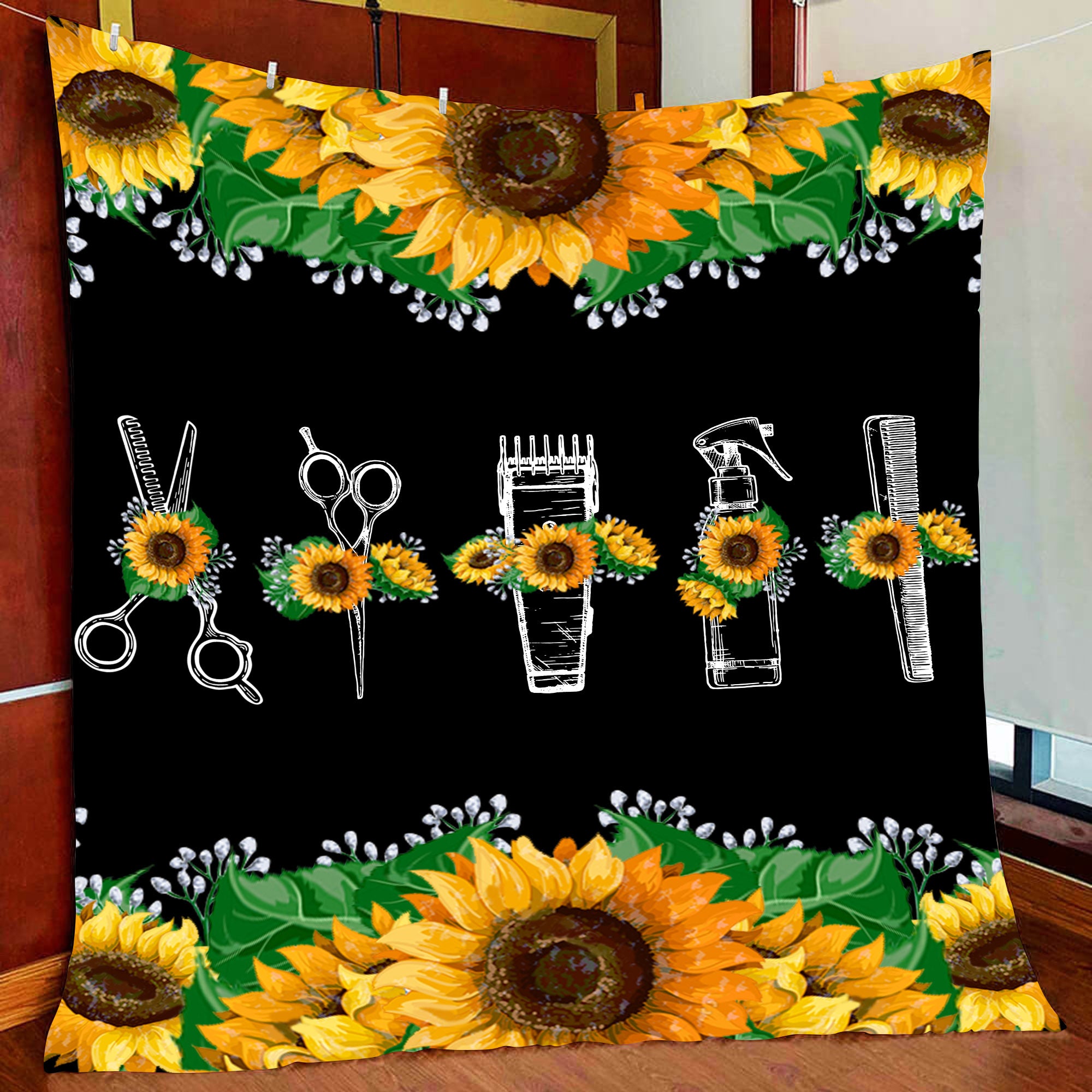 Hairdresser Tools With Sunflower Hairstylist Blanket