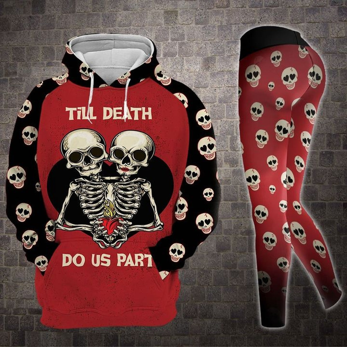 Till Death Do Us Part Skull Valentine Couple  Legging Hoodie , Skull Legging Hoodie