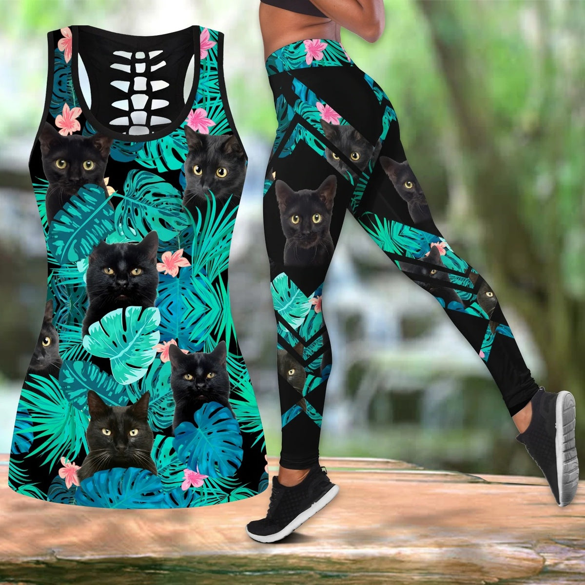 Tropical Black Cat Legging Tanktop, Cat Lover Legging Tanktop