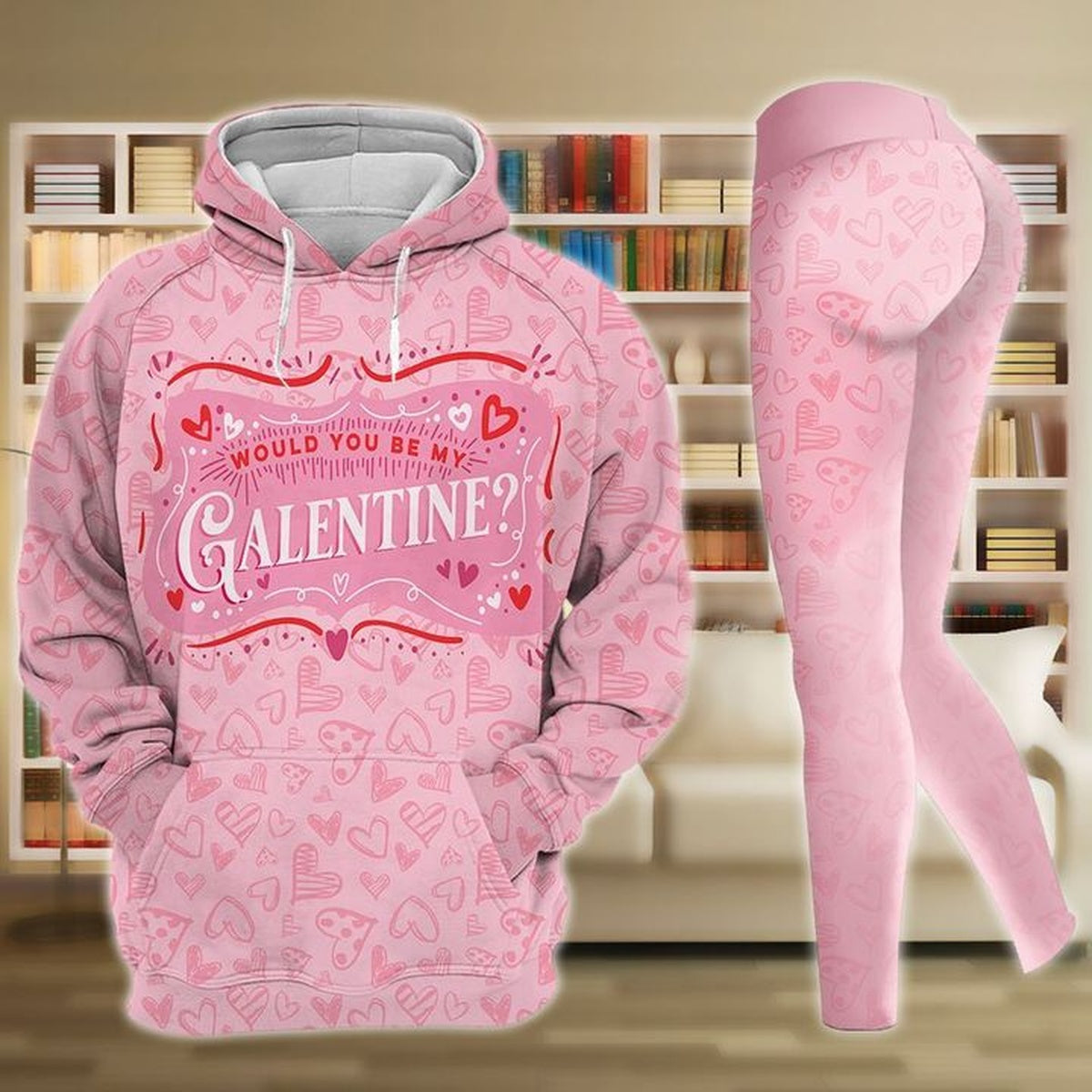 Would You Be My Galentine Pink Heart Legging Hoodie , Valentine Legging Hoodie