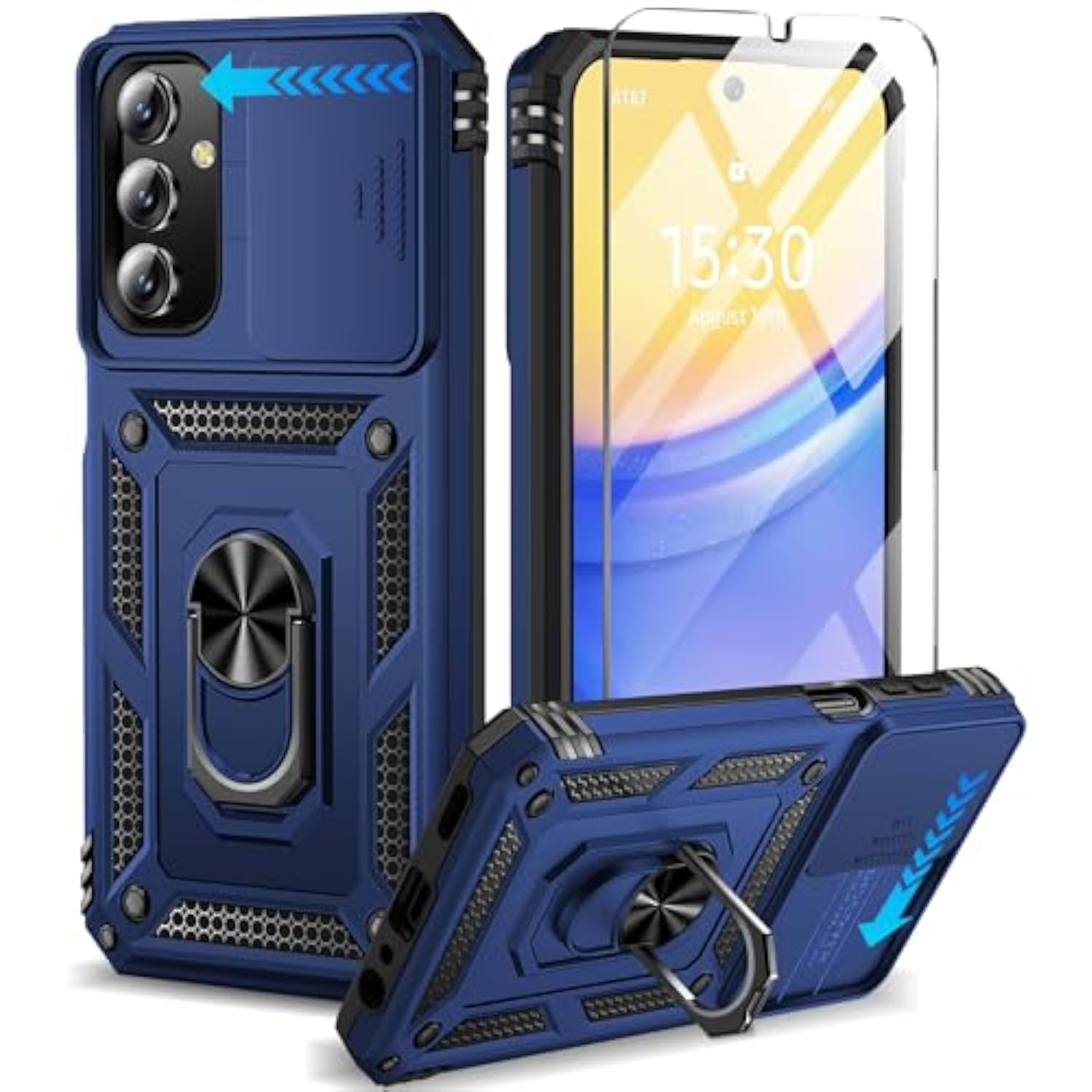 For Samsung Galaxy A15 5G Case With Screen Protector & Slide Camera Lens Cover,Builtin 360°Rotate Magnetic Ring Stand Shockproof Protective Phone Case For Samsung A15 5G Case (Blue)