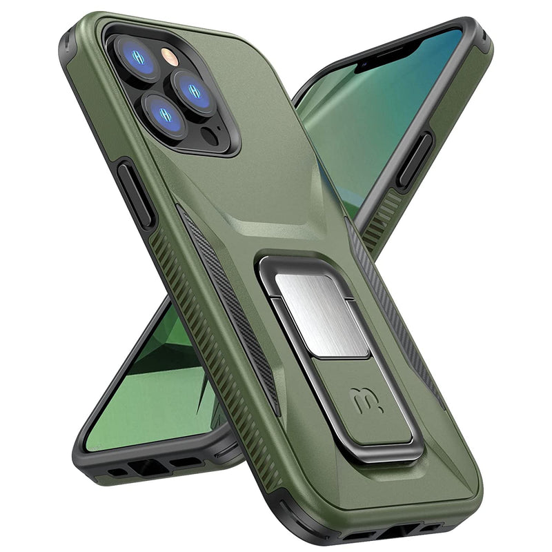MYBAT Pro Designed for iPhone 13 Pro Case with Stand, 6.1 inch, Shockproof Stealth Series, Support Magnetic Car Mount, Double Layer Heavy Duty Military Grade Drop Protective-Army Green