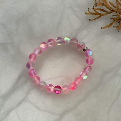 Pink Bracelet, Iridescent Moonstone Rainbow Glass Beads Sterling Silver  Beads