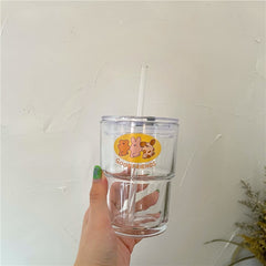Cartoon Glass Cup With Lid And Straw Cute Kawaii Clear Water - Temu