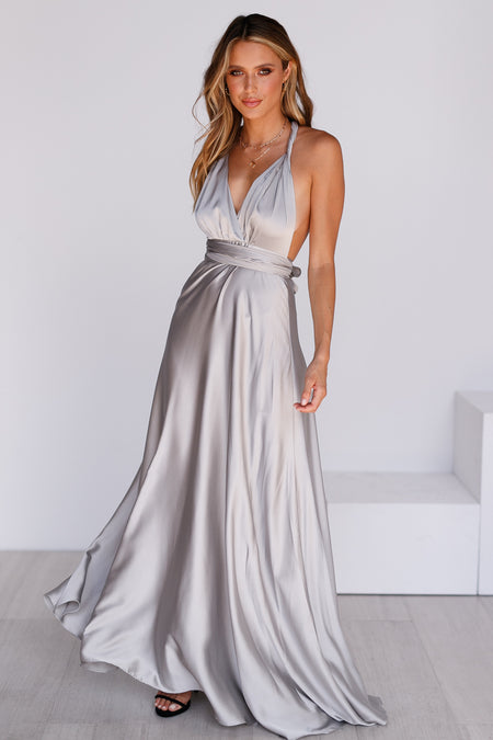 grey satin maxi dress