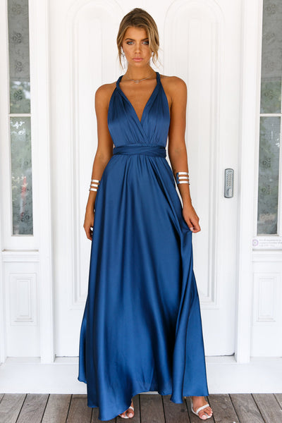 navy blue satin maxi dress