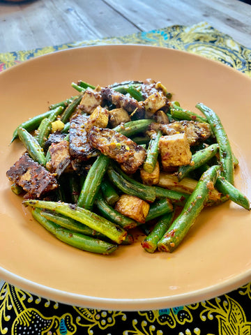 Sambal Goreng Tempe, Stir fried green beans, Boomz Sambal, Firm Tofu; Malay Nasi Padang Favorite