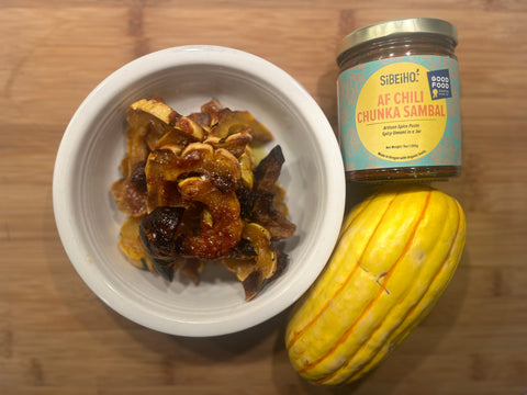 AF Chili Chunka Sambal. Delicata Squash Thanksgiving Side. Good Food Award. Good Food Foundation. Sambal. Easy Home Cooking. Vegan Recipe for Thanksgiving.