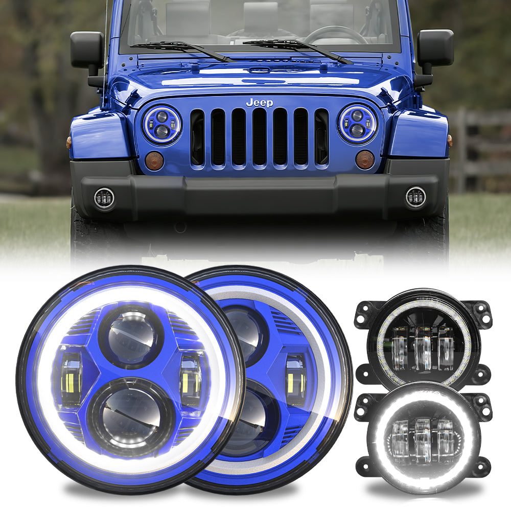 Jeep Wrangler Halo Headlights LED Fog Light Kit, Blue