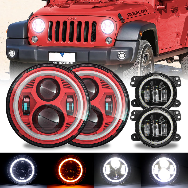 Jeep Wrangler Halo Headlights 4 inch LED Fog Light Kit, Red