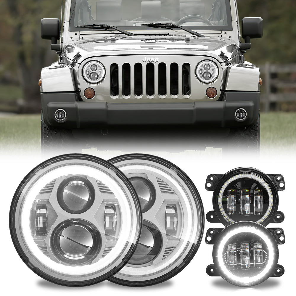 Jeep Wrangler Halo Headlights LED Fog Light Kit, Silver