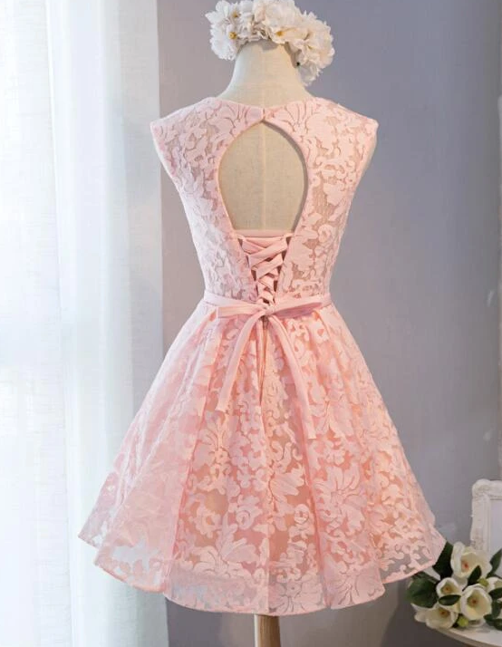 Knee Length Homecoming Dresses Adeline Pink Lace Party Dress CD12689