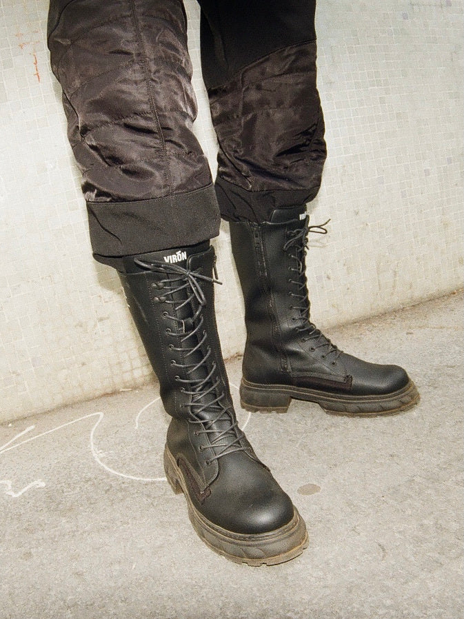 High-top, black vegan leather boots