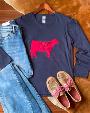 Willa Hot Pink Appliqué on Navy Long Sleeve T-Shirt