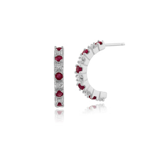 Classic Round Ruby & Diamond Half Hoop Style Earrings in 9ct White Gold
