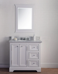 36 Inch Pure White Single Sink Carrara Marble Bathroom Vanity With Matching Mirror and Faucet