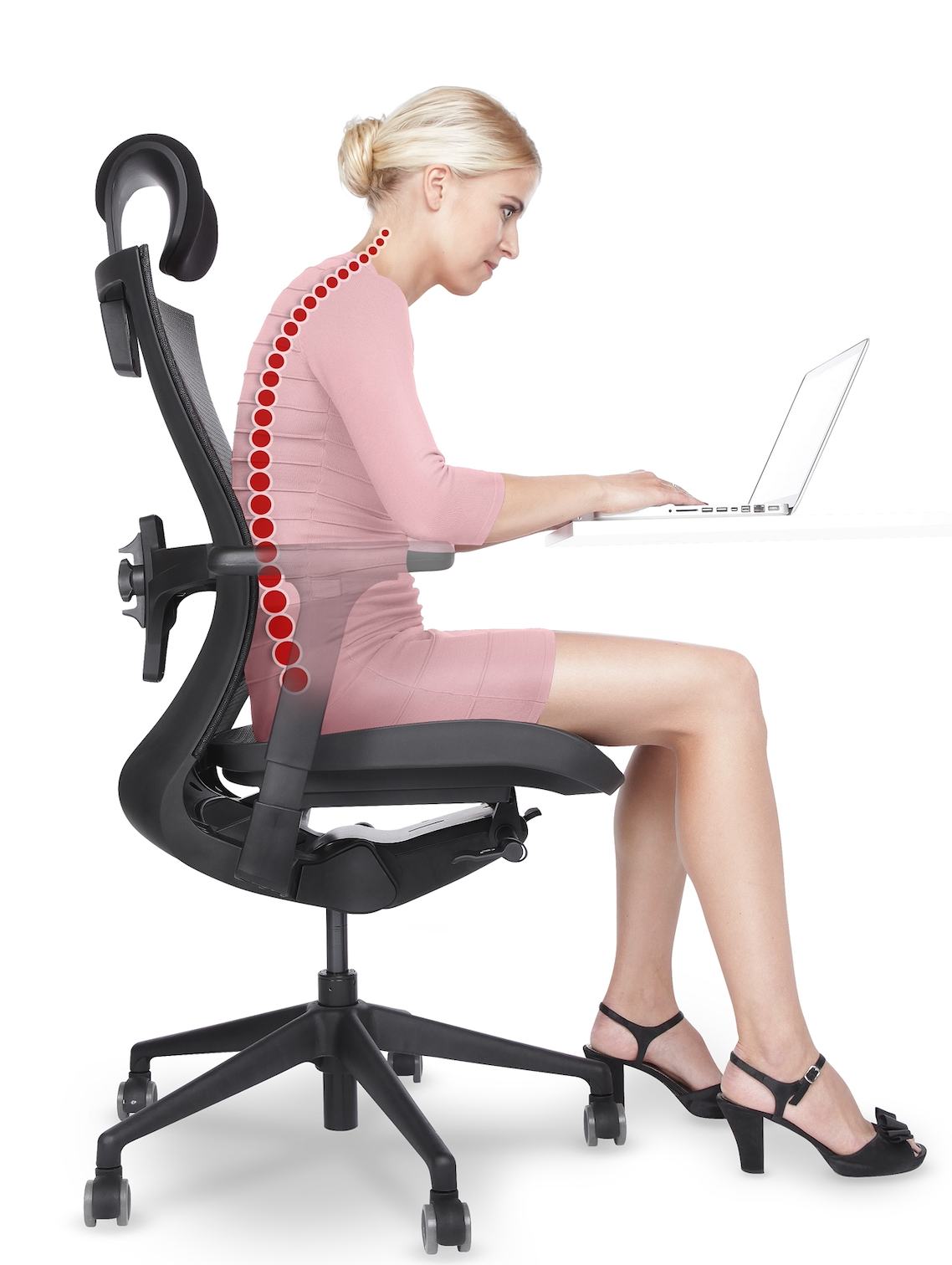 Person sitting in ergonomic office chair with headrest with haunched body posture