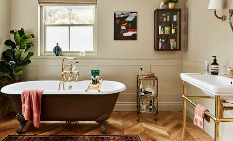 Bathroom renovation with roll top Victorian style bath, brass taps